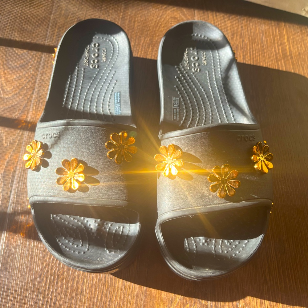 Metallic Gold Daisy Platform Croc Slides